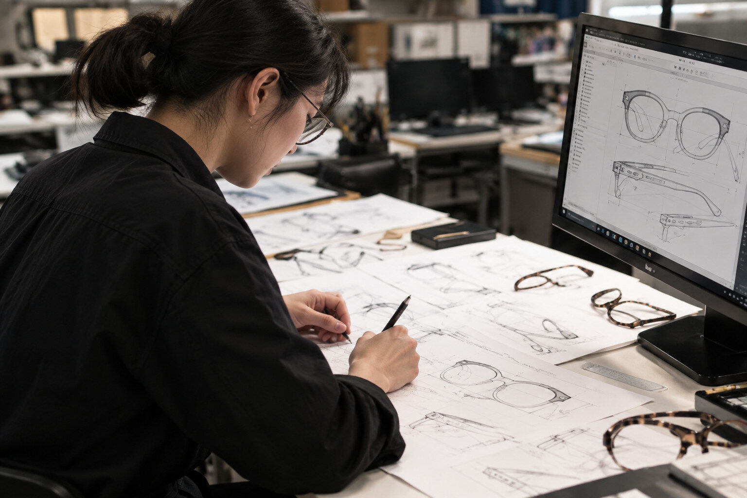 Hand-finished eyewear frames on the workshop bench